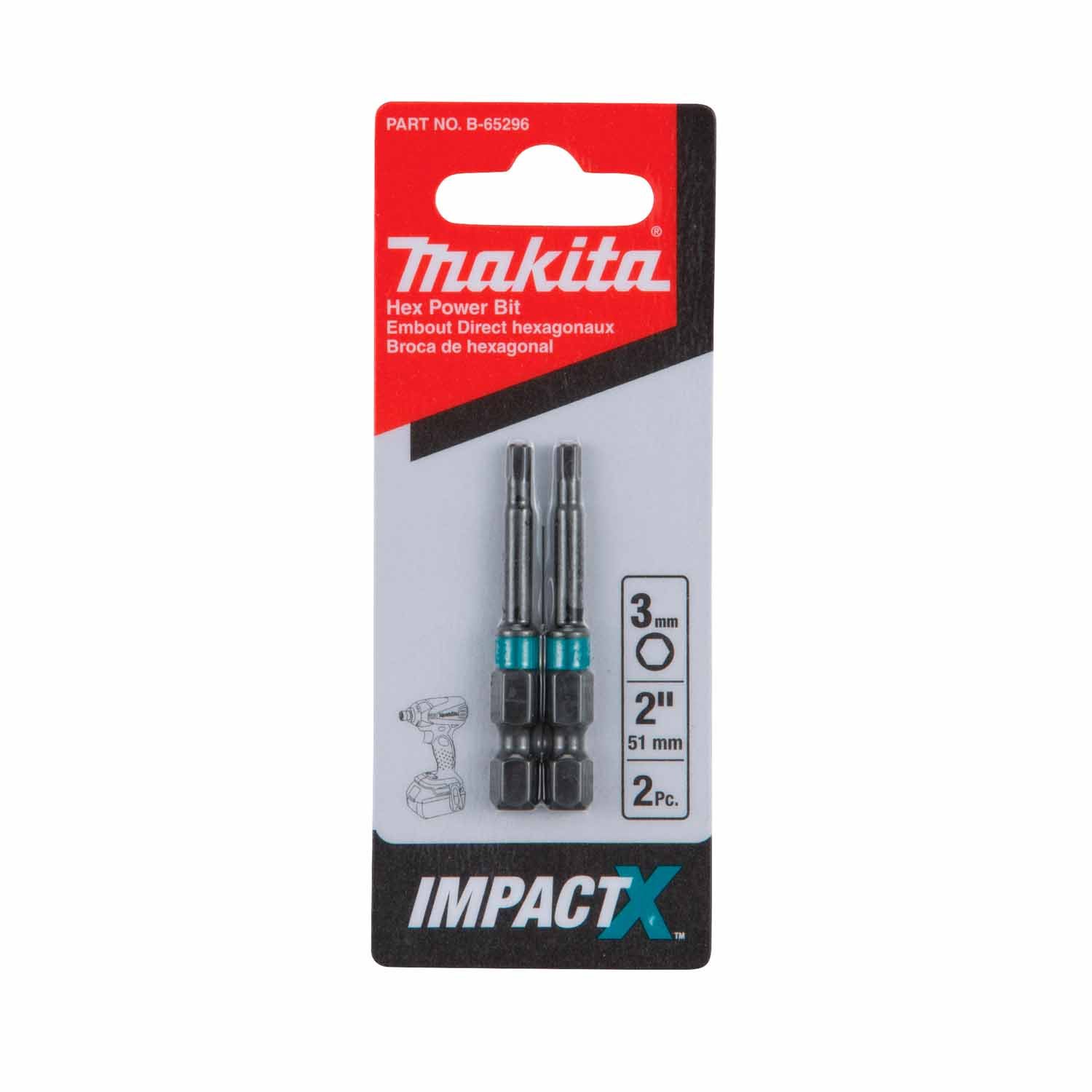 Makita Impact-X Hex Drive HEX 3mm x 50mm Driver Bit 2 Pack B-65296