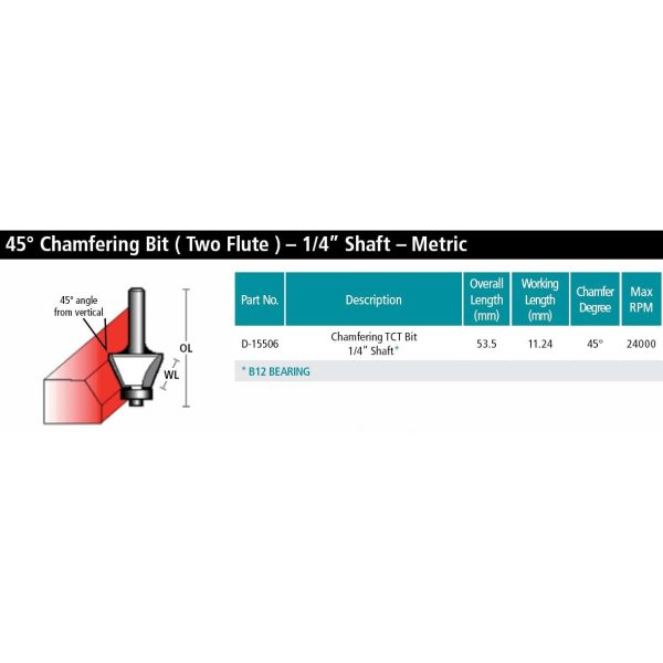 Makita 45DEG Chamfering TCT Router Bit 1/4" with Bearing D-15506 - Image 3
