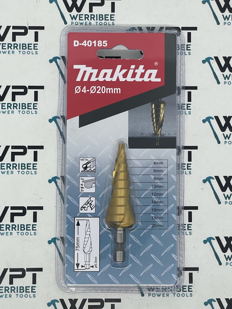 Makita Step Drill Bit 4-20mm Spiral Flute 1/4" Hex Shank Titanium Coated D-40185