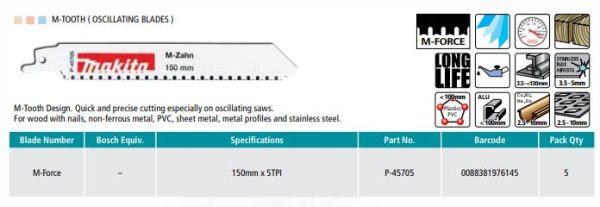 Makita Recipro Blade 150mm 8TPI Demolition - 5 Pack P-45705 - Image 3