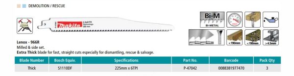Makita Recipro Blade 225mm 6TPI Bi-Metal - 3 Pack P-47042 - Image 2