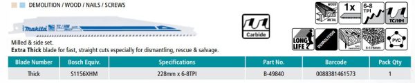 Makita Recipro Blade 228mm 6-8TPI Demolition - Single Pack B-49840 - Image 3