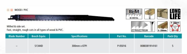 Makita Recipro Blade 300mm 6TPI Bi-Metal - 5 Pack P-05016 - Image 3