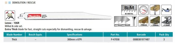 Makita Recipro Blade 300mm 6TPI Bi-Metal - 3 Pack P-47058 - Image 3