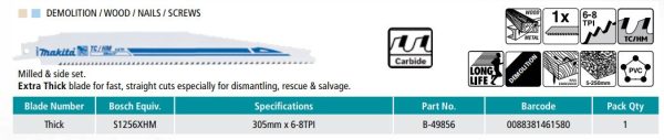Makita Recipro Blade 305mm 6-8TPI Bi-Metal - Single Pack B-49856 - Image 3