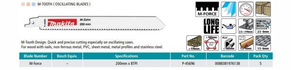 Makita Recipro Blade 200mm 8TPI M-Tooth - 5 Pack P-45696 - Image 3
