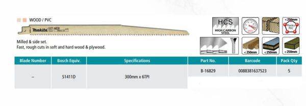 Makita Recipro Blade 300mm 6TPI HCS - 5 Pack B-16829 - Image 2