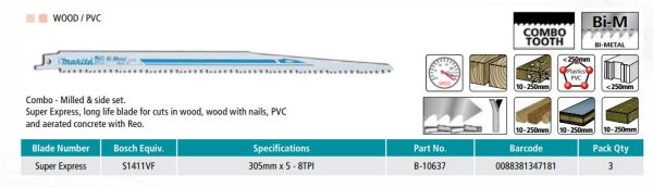 Makita Recipro Blade 305mm 5-8TPI Super Express Bi-Metal - 3 Pack B-10637 - Image 2
