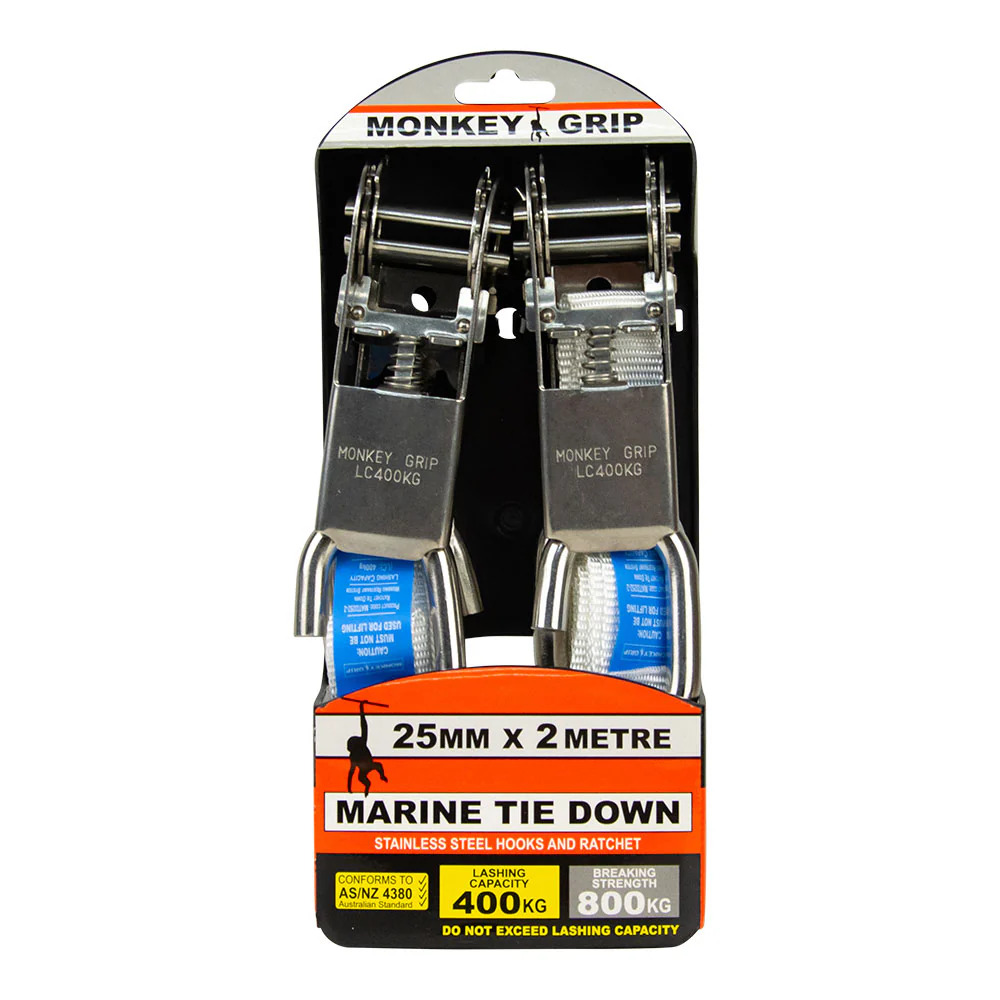 Monkey Grip Marine Tie Down 400KG Capacity 2M x 25mm Webbing - 2 Pack MATD252-2