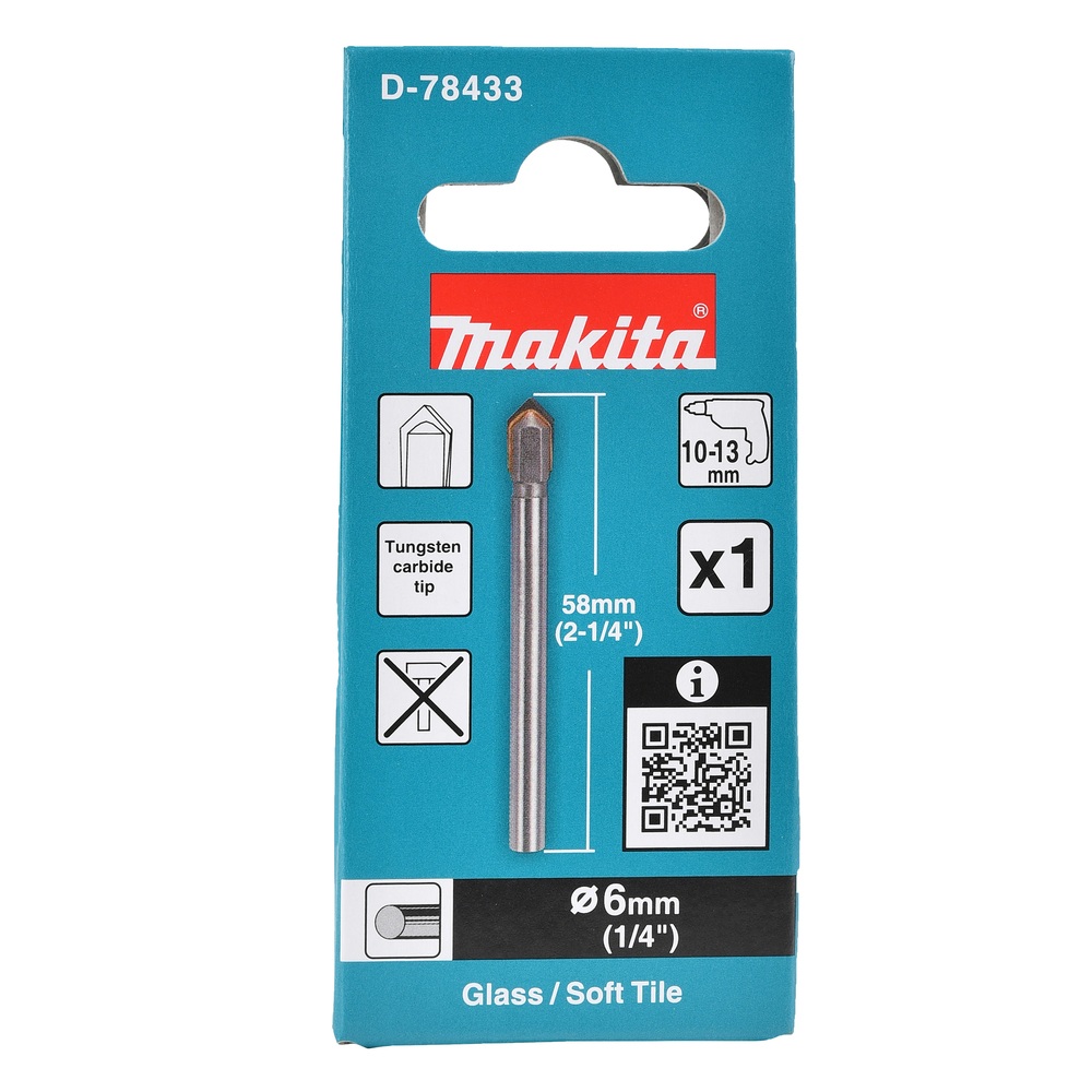 Makita 6mm x 58mm Glass & Tile TCT Drill Bit D-78433