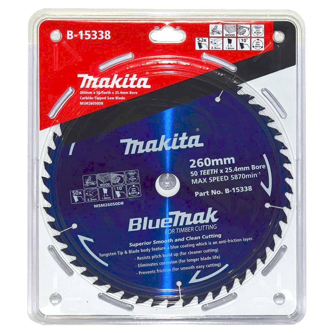 Makita BlueMak TCT Wood Cutting Blade 260mm x 25.4mm x 50T B-15338