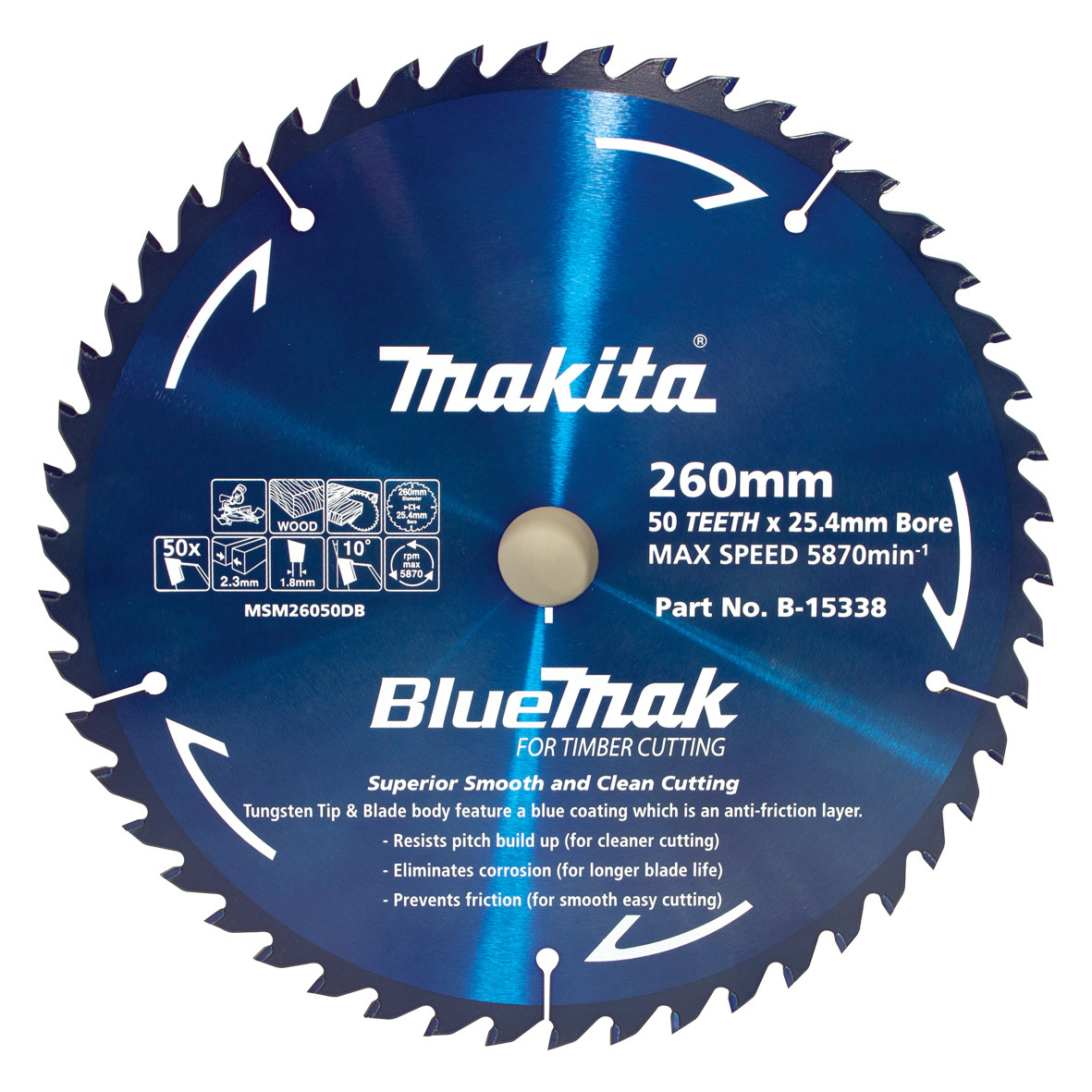 Makita BlueMak TCT Wood Cutting Blade 260mm x 25.4mm x 50T B-15338